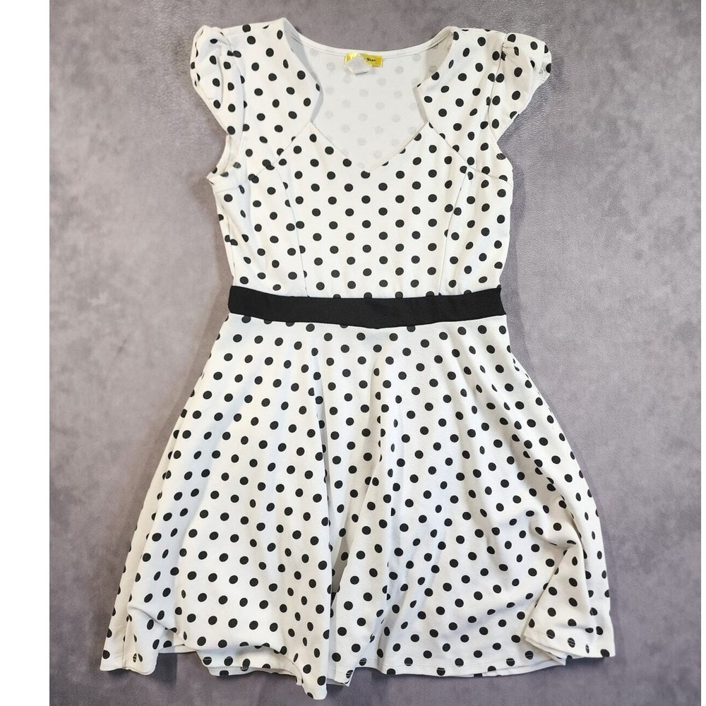 Yellow Star Fit & Flare Dress Womens Large White Polka Dot Cap Sleeve V-Neck